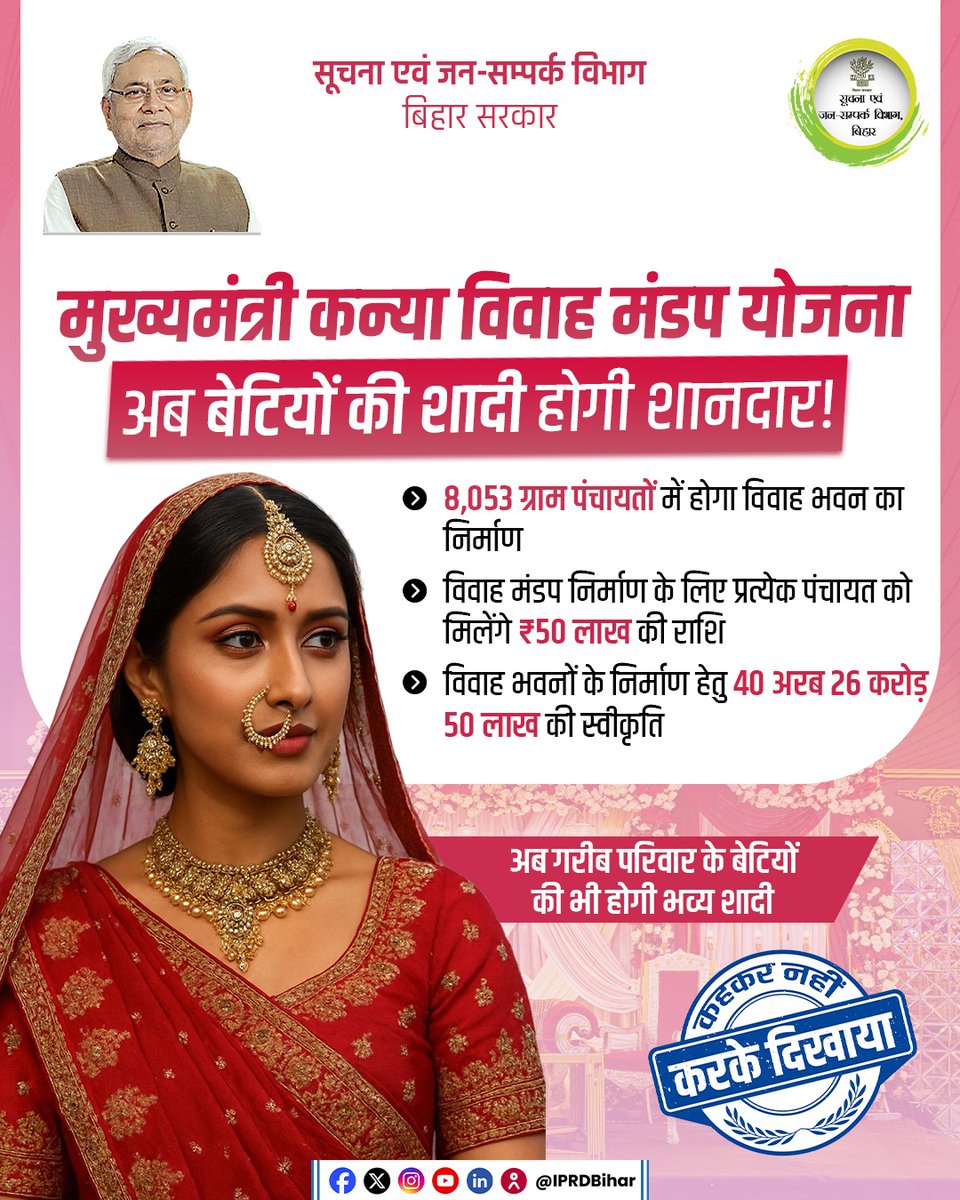 IPRDBihar's tweet image. अब गरीब परिवार के बेटियों की भी होगी भव्य शादी!

माननीय मुख्यमंत्री श्री नीतीश कुमार जी की दूरदर्शी सोच “मुख्यमंत्री कन्या विवाह मंडप योजना” से गरीब परिवारों की बेटियों के वैवाहिक कार्यक्रम में बड़ी सुविधा होगी। 

बिहार सरकार राज्य के सभी ग्राम पंचायतों में आधुनिक विवाह भवनों का…