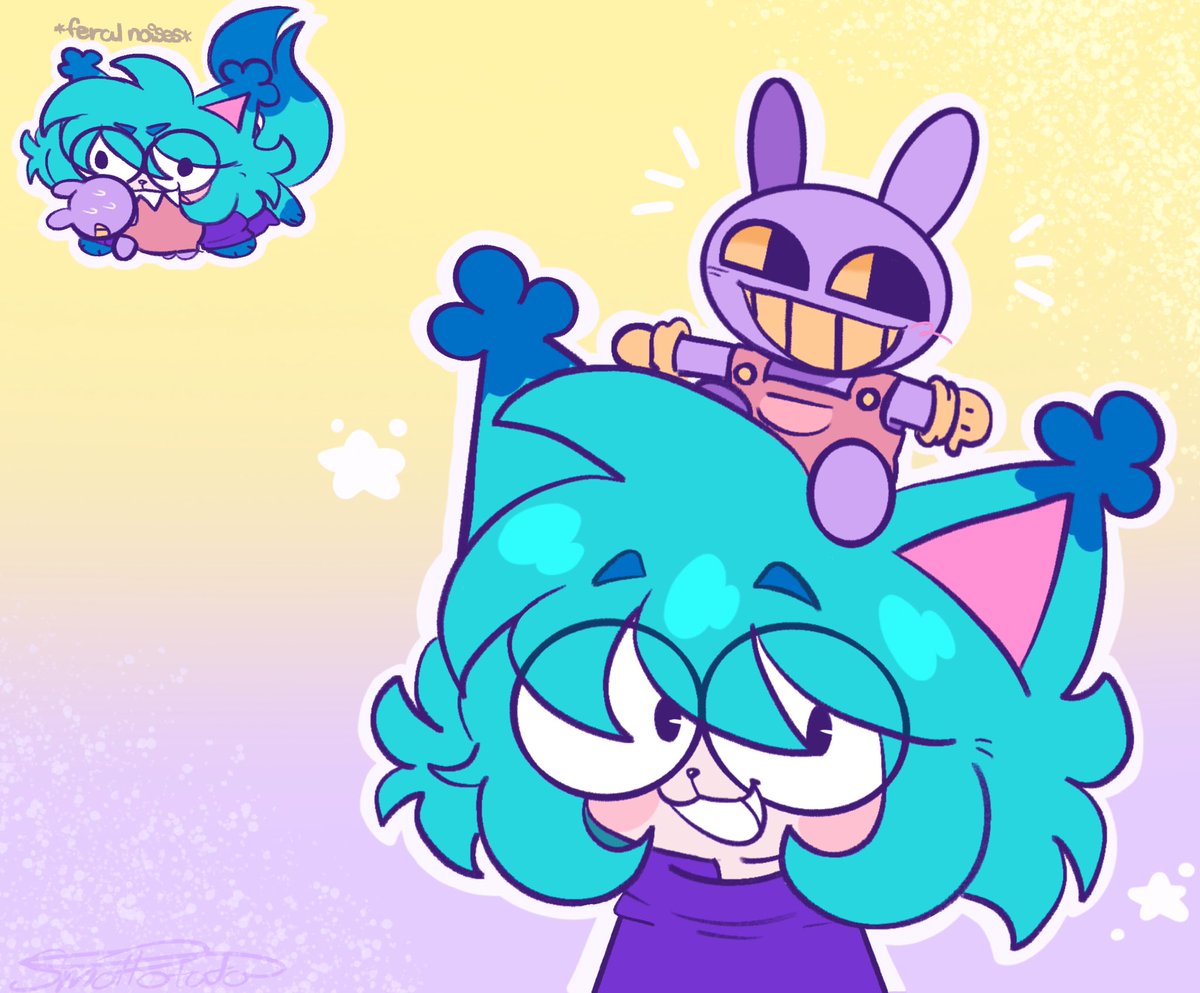 I drew the silly creature himself <a href="/kovox/">Michael Kovach</a> ! And the "funny one" Jax💜🩵

(Don’t mind the gremlin in the back. He’s  in its natural habitat)