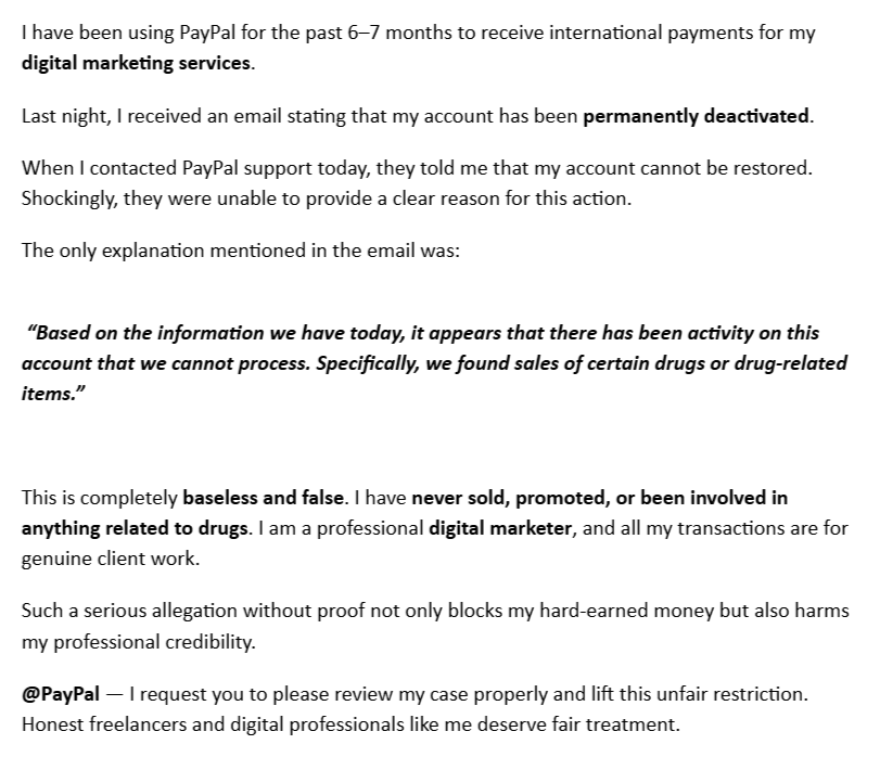 harsh_1117's tweet photo. @PayPal  permanently deactivated my account with a false claim of selling drugs. I am a digital marketer offering legit services only. Full story below 👇

@AskPayPal
#PayPal https://t.co/qOKokH8QQ0
