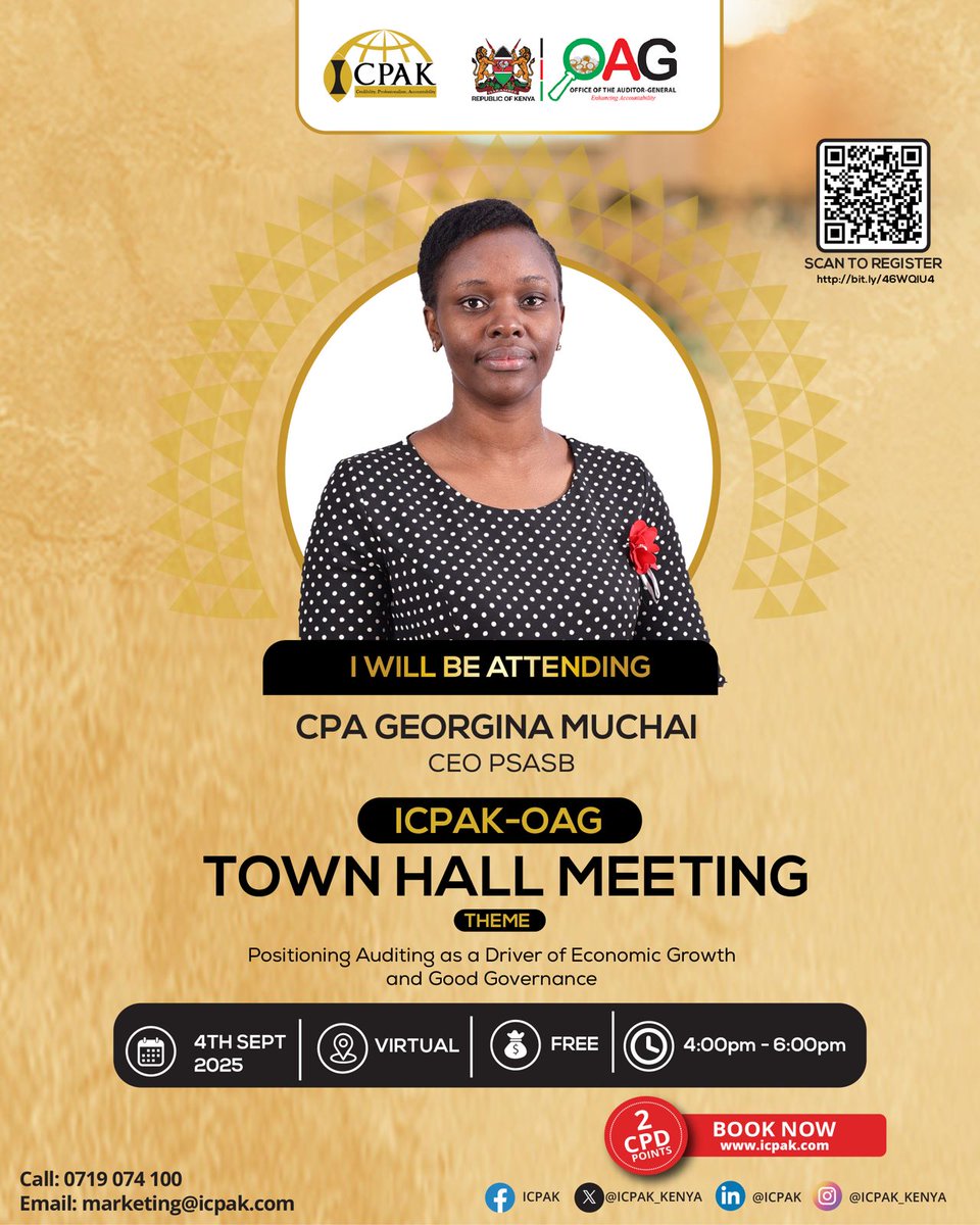 ICPAK (@icpak_kenya) on Twitter photo The future of governance depends on collaboration between auditors, policymakers, and citizens. Register for the #ICPAKOAGTownhall 👉 ow.ly/7BYU50WNXvV to be part of this crucial dialogue. #ICPAKOAGTownhallMeeting <a href="/PSASBKe/">Public Sector Accounting Standards Board (Kenya)</a> <a href="/Georginamuchai/">GEORGINA MUCHAI</a>
<a href="/OAG_Kenya/">Auditor-General Kenya</a> <a href="/HillaryOnami/">Hillary Onami</a> The future of governance depends on collaboration between auditors, policymakers, and citizens. Register for the #ICPAKOAGTownhall 👉 ow.ly/7BYU50WNXvV to be part of this crucial dialogue. #ICPAKOAGTownhallMeeting <a href="/PSASBKe/">Public Sector Accounting Standards Board (Kenya)</a> <a href="/Georginamuchai/">GEORGINA MUCHAI</a>
<a href="/OAG_Kenya/">Auditor-General Kenya</a> <a href="/HillaryOnami/">Hillary Onami</a>
