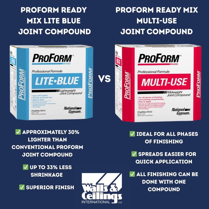 PRO FORM LITE BLUE VS PROFORM MULTI-USE

Walls &amp; Ceilings international proudly stock PROFORM compounds, knowing our customers are catered for in every project.

Shop here: ow.ly/Tn7x50VVxpW

#proform #compounds #uktoolsupplier #ukcompoundsupplier