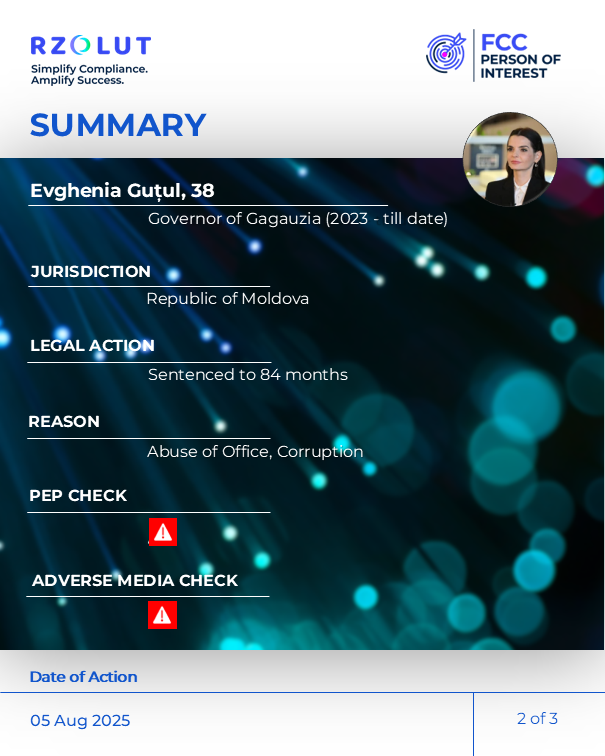 RzolutL's tweet image. On 5Aug2025, Evghenia Guțul, the sitting governor of Moldova’s Gagauzia region, was sentenced to seven years in prison for illegally financing the outlawed Shor Party with Russian funds.

Read more at FCC Times fcctimes.com/2025/08/05/mol…

#adversemedia #corruption #illicitfinancing