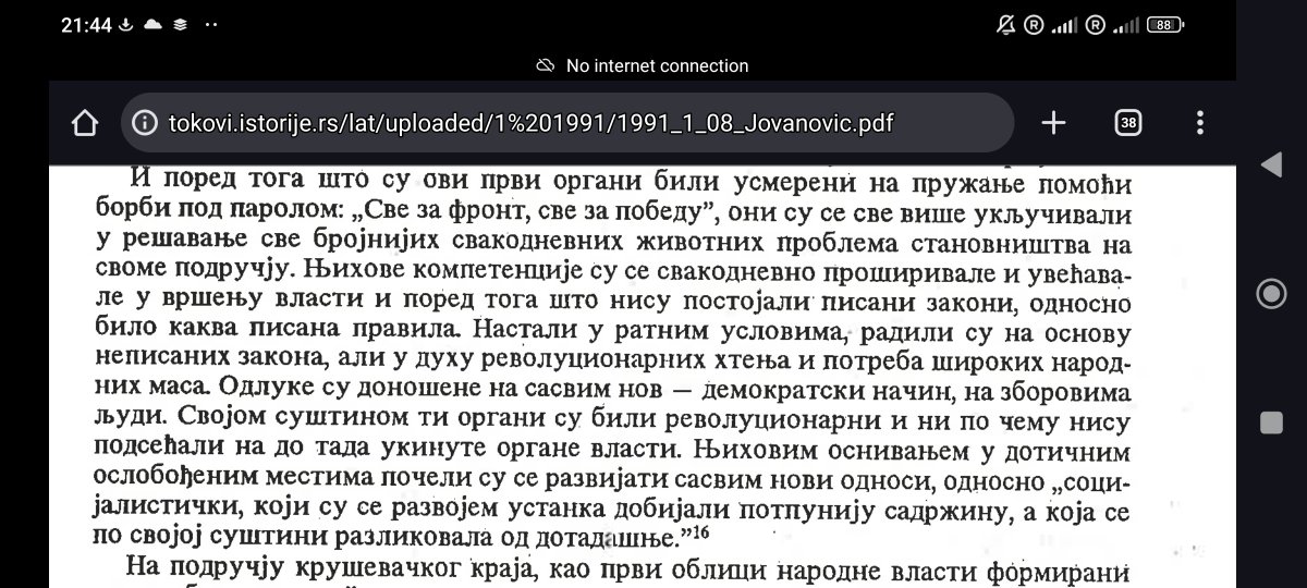 Jako zanimljiv rad o tome kako su u toku Drugog svetskog rata kod nas nikle nove ustanove iz seljačkih zborova i narodno-oslobodilačkih odbora: pošto su opštine rasformirane, onda su seljaci počeli da se na odbore oslanjaju za rešavanje imovinskih, pravnih i socijalnih problema