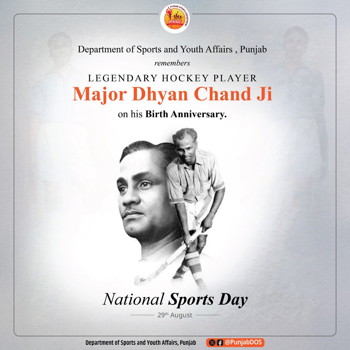 PunjabDOS's tweet photo. Department of Sports and Youth Affairs, Punjab remembers reverentially the legendary hockey player Major Dhyan Chand Ji on his birth anniversary. National Sports Day is celebrated in India every year on 29th August to commemorate his birth anniversary. https://t.co/sjFSEYbqKK
