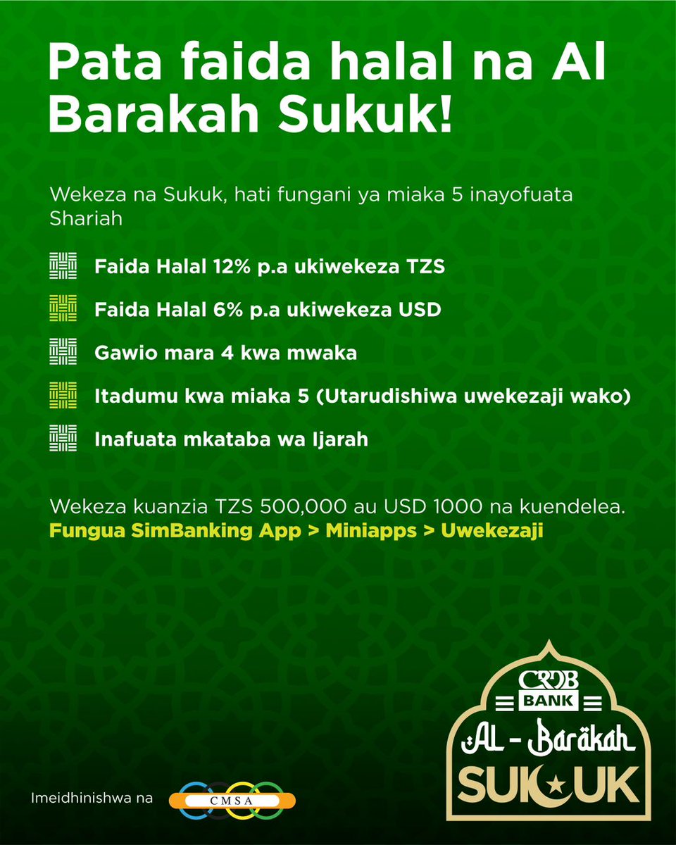 DOCHA (@alugandu) on Twitter photo AL - BARAKAH SUKUKU Ni Hati Fungani Kutoka <a href="/CRDBBankPlc/">CRDB Bank PLC</a> Wekeza Upate Faida Halal Na Ni Salama Kabisa Kwa Uwekezaji..!!
Kwa Kianzio Cha TZS 5,000 au USD 1,000 Tu Unawekeza
- Faida Halal 12% p.a Ukiwekeza TZS
- Faida Halal 6% p.a Ukiwekeza USD
- Gawaio Mara 4 Kwa Mwaka
Itadumu AL - BARAKAH SUKUKU Ni Hati Fungani Kutoka <a href="/CRDBBankPlc/">CRDB Bank PLC</a> Wekeza Upate Faida Halal Na Ni Salama Kabisa Kwa Uwekezaji..!!
Kwa Kianzio Cha TZS 5,000 au USD 1,000 Tu Unawekeza
- Faida Halal 12% p.a Ukiwekeza TZS
- Faida Halal 6% p.a Ukiwekeza USD
- Gawaio Mara 4 Kwa Mwaka
Itadumu
