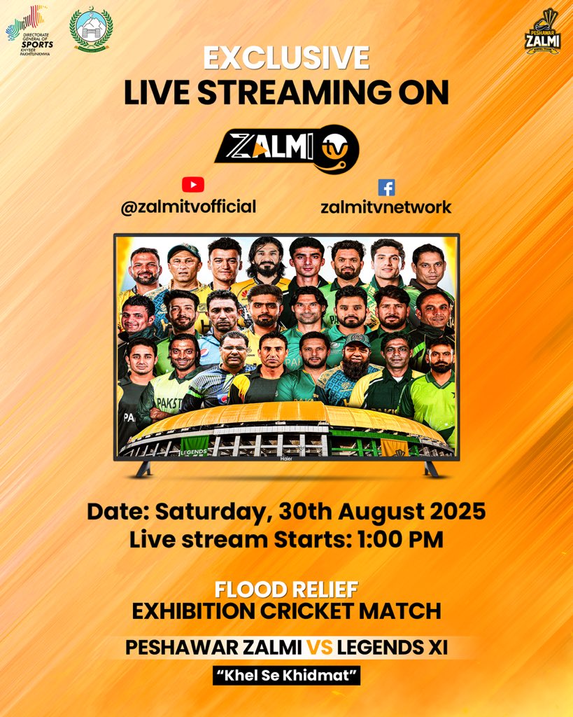 Khel Se Khidmat 💛
Flood Relief Exhibition Match 🏏
Peshawar Zalmi 🆚 Legends XI

📺 Exclusive LIVE streaming on Zalmi TV
Facebook: facebook.com/zalmitvnetwork
Youtube: youtube.com/@zalmitvoffici…
📅 Saturday, 30th August 2025
⏰ Live stream starts at 1:00 PM

#Zalmi #KhelSeKhidmat