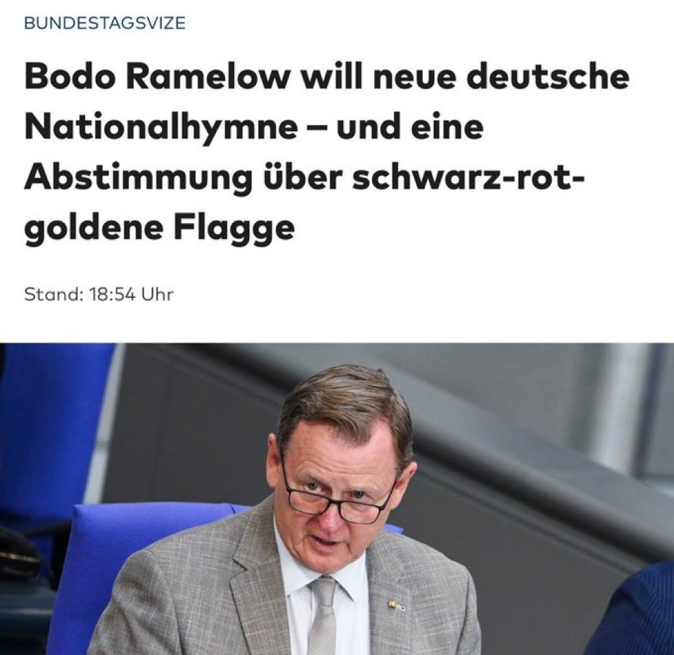 Auf Art. 146 GG rumzureiten - der zu #Ramelow|s konkreten Vorschlägen gar nicht passt - gehört zum typischen Reichsbürger-Repertoire und Delegitimierungsbestrebungen.
So fühlt man Absicht, und man ist verstimmt. (Goethe) 
#Hymne #SchwarzRotGold