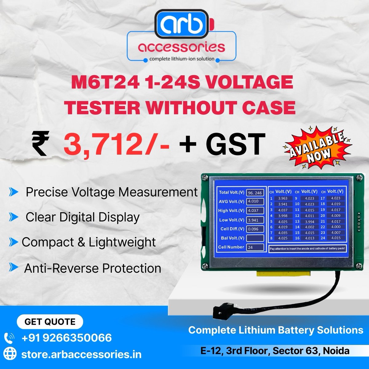 arb_ltd's tweet image. 🔋 M6T24 Voltage Testers – Reliable Battery Monitoring Solution ⚡

🛒 Buy Now 👉store.arbaccessories.in/category/sunkk…

#ARBaccessories #VoltageTester #BatteryTools #M6T24 #LithiumBattery #BatteryPack #EVBattery #ERickshawParts #BatteryMonitoring #WorkshopTools #EVSpareParts #DIYBattery