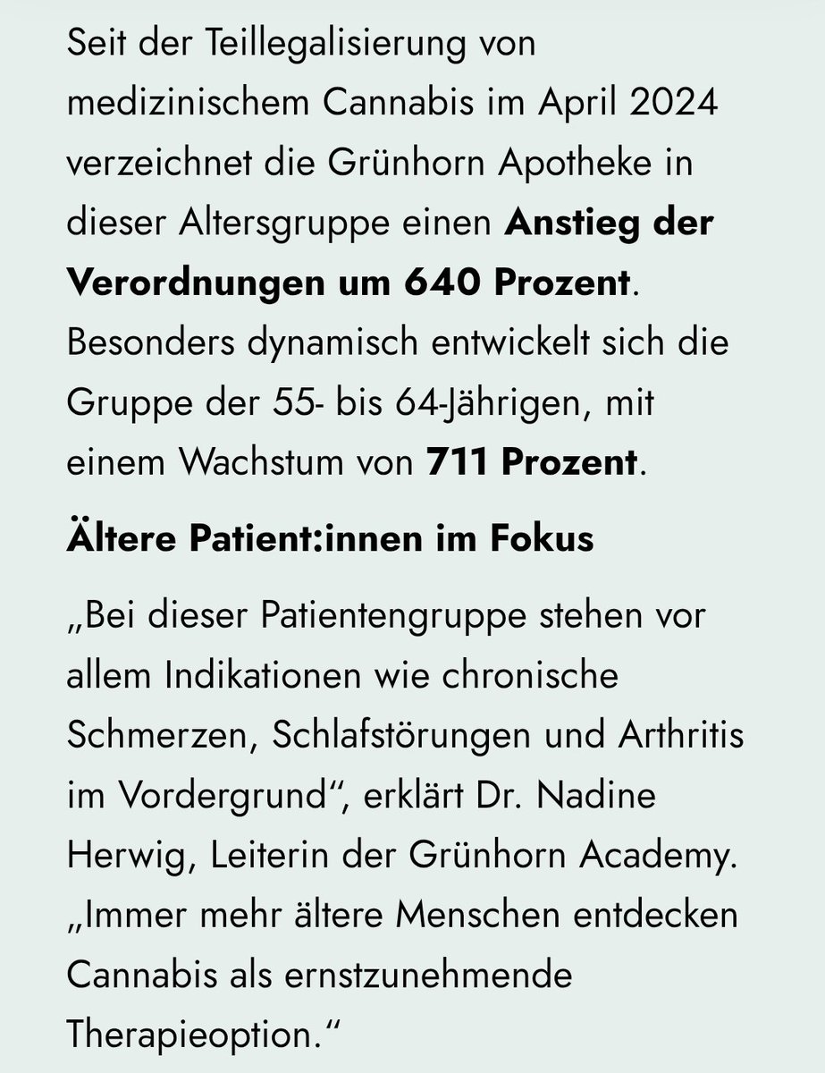 GreGoa (@gre_goa) on Twitter photo Medizinalcannabis Anstieg seit der Teillegalisierung.
Tatsache aus einer der größten Apotheken ist:
640 % mehr Verordnungen bei Patient:innen ab 55 Jahren seit der Teillegalisierung
+711 % in der Altersgruppe 55-64 Jahre
<a href="/ninawarken/">Nina Warken</a> <a href="/BDB_offiziell/">Sucht- und Drogenbeauftragter der Bundesregierung</a> <a href="/hendrikstreeck/">Hendrik Streeck</a> #Cannabis Medizinalcannabis Anstieg seit der Teillegalisierung.
Tatsache aus einer der größten Apotheken ist:
640 % mehr Verordnungen bei Patient:innen ab 55 Jahren seit der Teillegalisierung
+711 % in der Altersgruppe 55-64 Jahre
<a href="/ninawarken/">Nina Warken</a> <a href="/BDB_offiziell/">Sucht- und Drogenbeauftragter der Bundesregierung</a> <a href="/hendrikstreeck/">Hendrik Streeck</a> #Cannabis