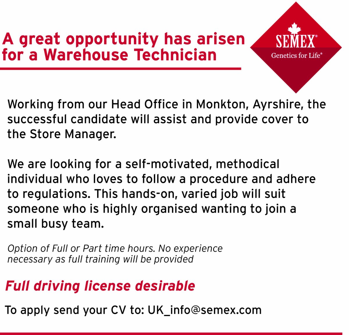 A exciting opportunity has arisen for a Warehouse Technician to join our team, to apply please send your CV  to UK_info@semex.com.
#geneticsforlife