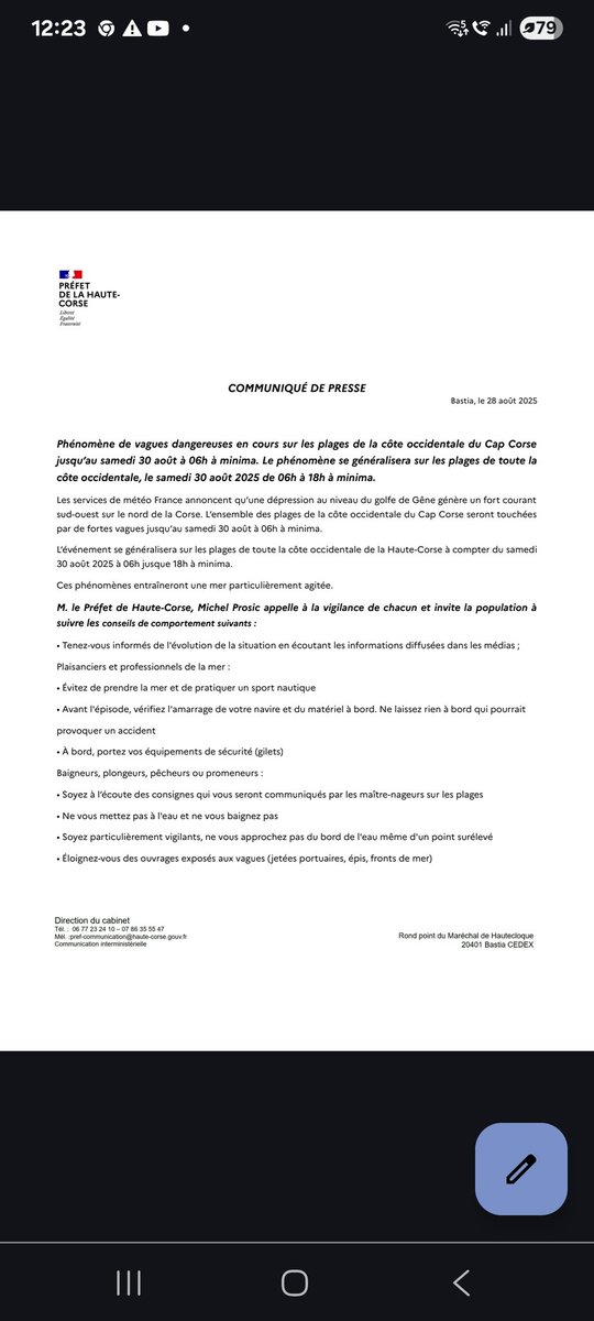 Prefet2B's tweet image. #meteo2b 
Phénomène de #vaguesdangereuses en cours sur les plages de la côte occidentale du Cap Corse jusqu’au samedi 30 août à 06h à minima. 

Le phénomène se généralisera sur les plages de toute la côte occidentale, le samedi 30 août 2025 de 06h à 18h à minima