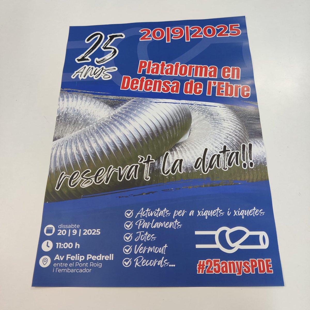 🎂🥳 Celebrem els 25 anys de la <a href="/PDE/">Defensa de l'Ebre</a>!!

El dissabte 20 de setembre, celebrem i reivindiquem 25 anys en defensa del riu Ebre i el territori!

📆 Apunta-t'ho a l'agenda, ens trobem a Tortosa! Ben aviat més informació.

#25anysPDE #LoRiuÉsVida
