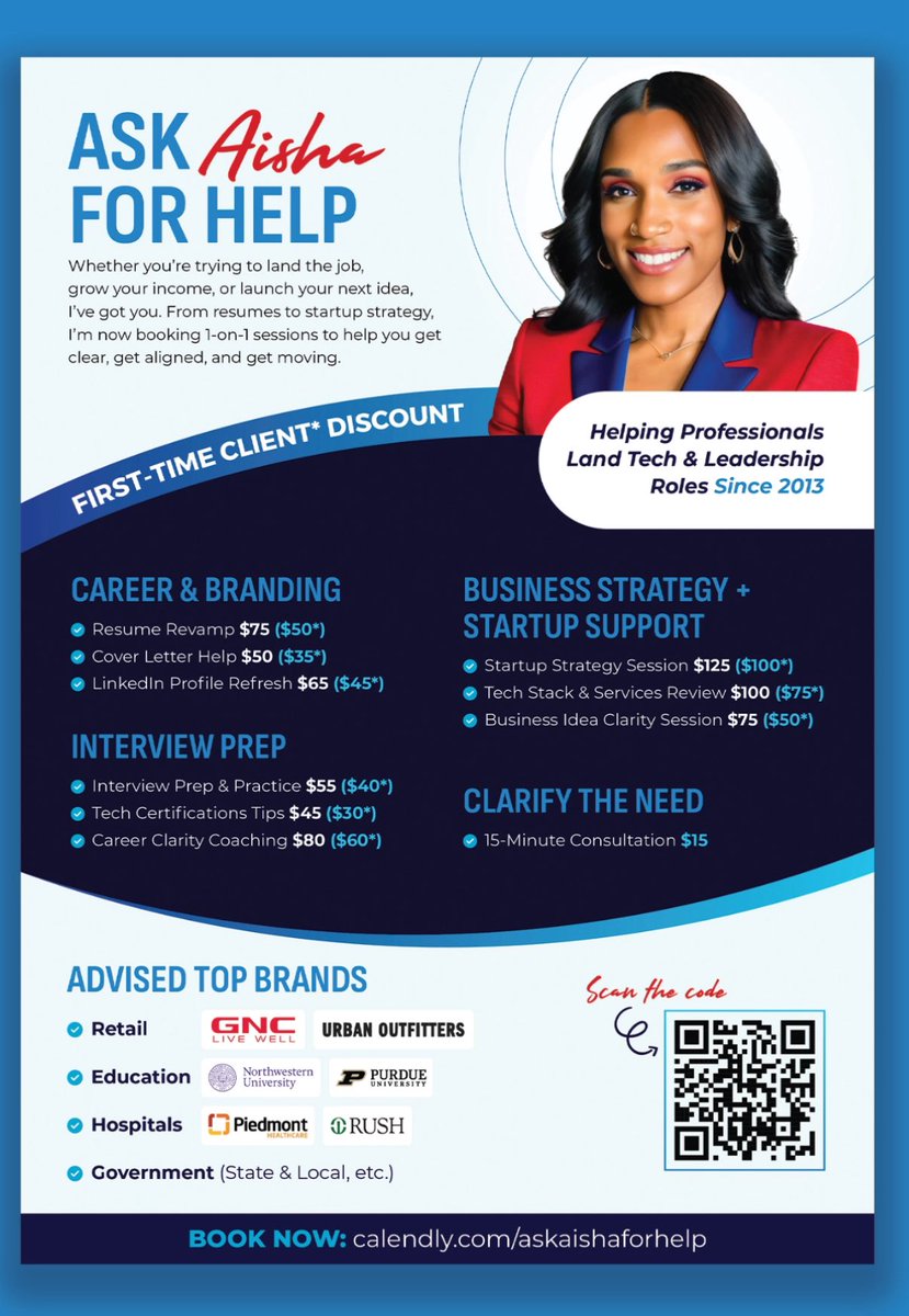 sunchildAisha's tweet image. Thinking of pivoting into tech or AI?👩🏽‍💻

I help professionals land leadership roles, elevate their personal brand, &amp;amp; build winning business strategies.

Book your session today👇🏽
calendly.com/askaishaforhelp

#CareerCoaching #AIJobs #StartupHelp