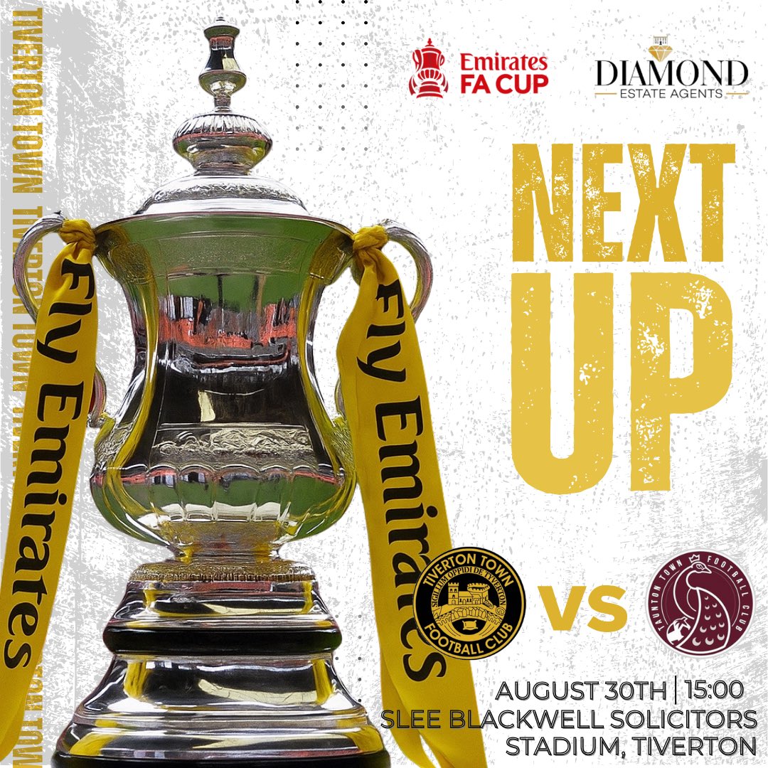 NEXT UP 👀

The road to Wembley begins at home as we welcome Taunton Town to The Slee Blackwell Solicitors Stadium in the <a href="/EmiratesFACup/">Emirates FA Cup</a>!

A HUGE tie to kick off our FA Cup campaign, your support is needed now more than ever 💪

#OneTownOneTeamOneTivvy💛 <a href="/DiamondTiverton/">Diamond Estate Agents</a>