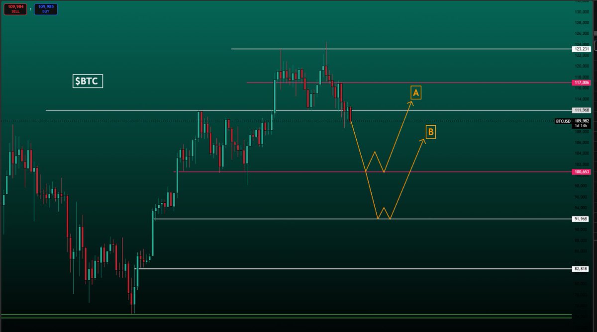 $BTC needs to claim 117,000 to have chances of a further push / new ATH.

Daily breakdown of 111,000 and chances are high we shake down back to 100,000. MAYBE a reverse there, if not we go down to 92,000 where I will long.

I still believe we are bullish in the longer run, no bad