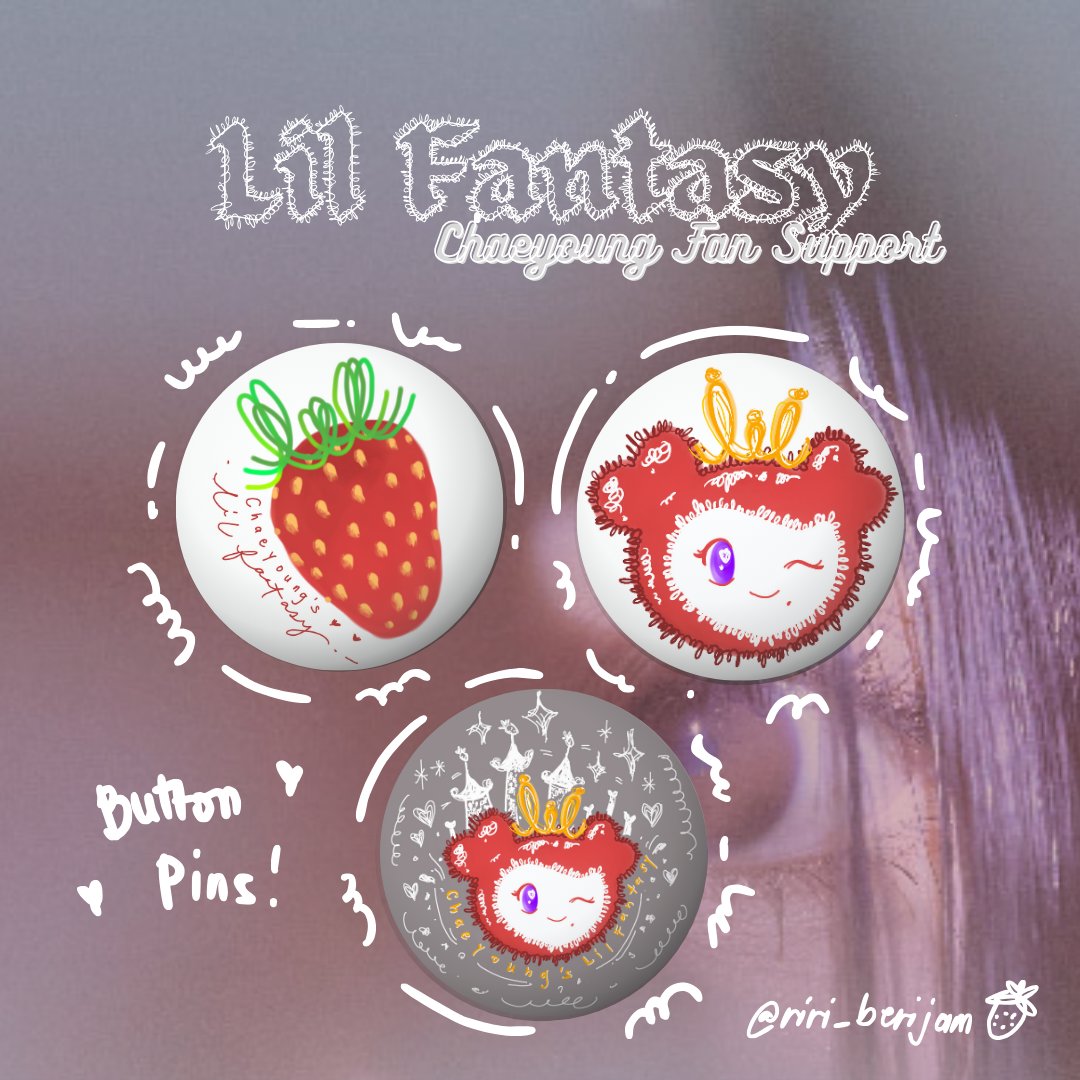🍓 Chaeyoung Fan Support 🍓 
(Lil Fantasy Themed Button Pins)

-kahit di naka follow basta like and share niyo lang haha
-1:1 ratio, random design
-limited qty onliiii
-open for trades!!
-loc: tba~

See u guys!!
#TWICE #트와이스 #THISISFOR
#TWICE_THISISFOR_WORLD_TOUR_IN_BULACAN
