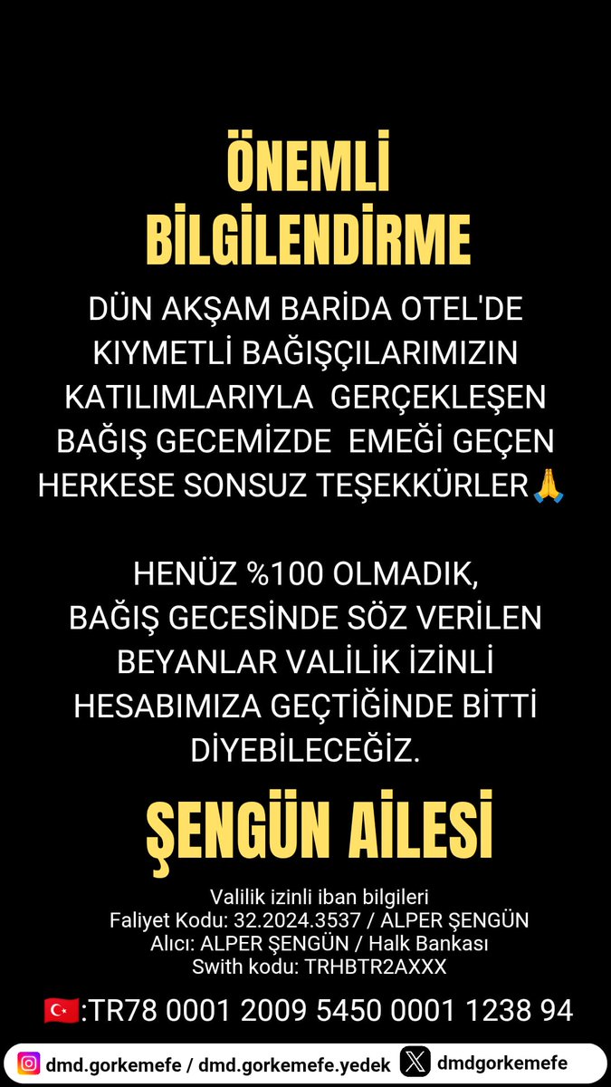 Dün akşam Barida Otel’de gerçekleşen bağış gecemize katılan, destek olan ve emeği geçen herkese gönülden teşekkür ederiz 🙏💙
Henüz %100 hedefimize ulaşmadık. Bağış sözlerinin valilik izinli hesabımıza geçmesiyle “Bitti” diyebileceğiz.