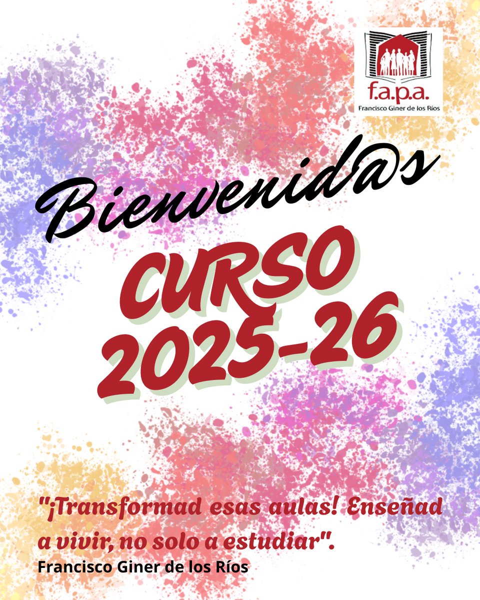 Bienvenid@s al nuevo curso escolar‼️

Desde la FAPA Giner de los Ríos os deseamos un curso lleno de ilusión, aprendizaje y convivencia.

Muchos retos por alcanzar, siempre junt@s 🙌

Estamos a vuestro lado en cada paso 💚🏫👨🧔🏽‍♂️👩‍🦰🧑🏾‍🦱👩🏻‍🦱🧑🏼‍🦰👩🏼🏫💚

#VueltaAlCole
#EscuelaPública