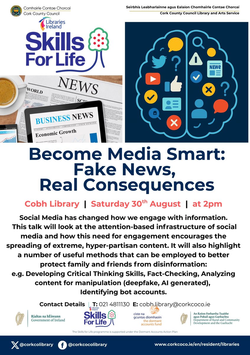 CobhHarCham's tweet image. Tired of fake news? Learn to be media smart and spot disinformation.

Join us for a talk at Cobh Library on Saturday, August 30th, at 2 pm.

#FaceNews #MediaLiteracy #CobhLibrary #CommunityTalk