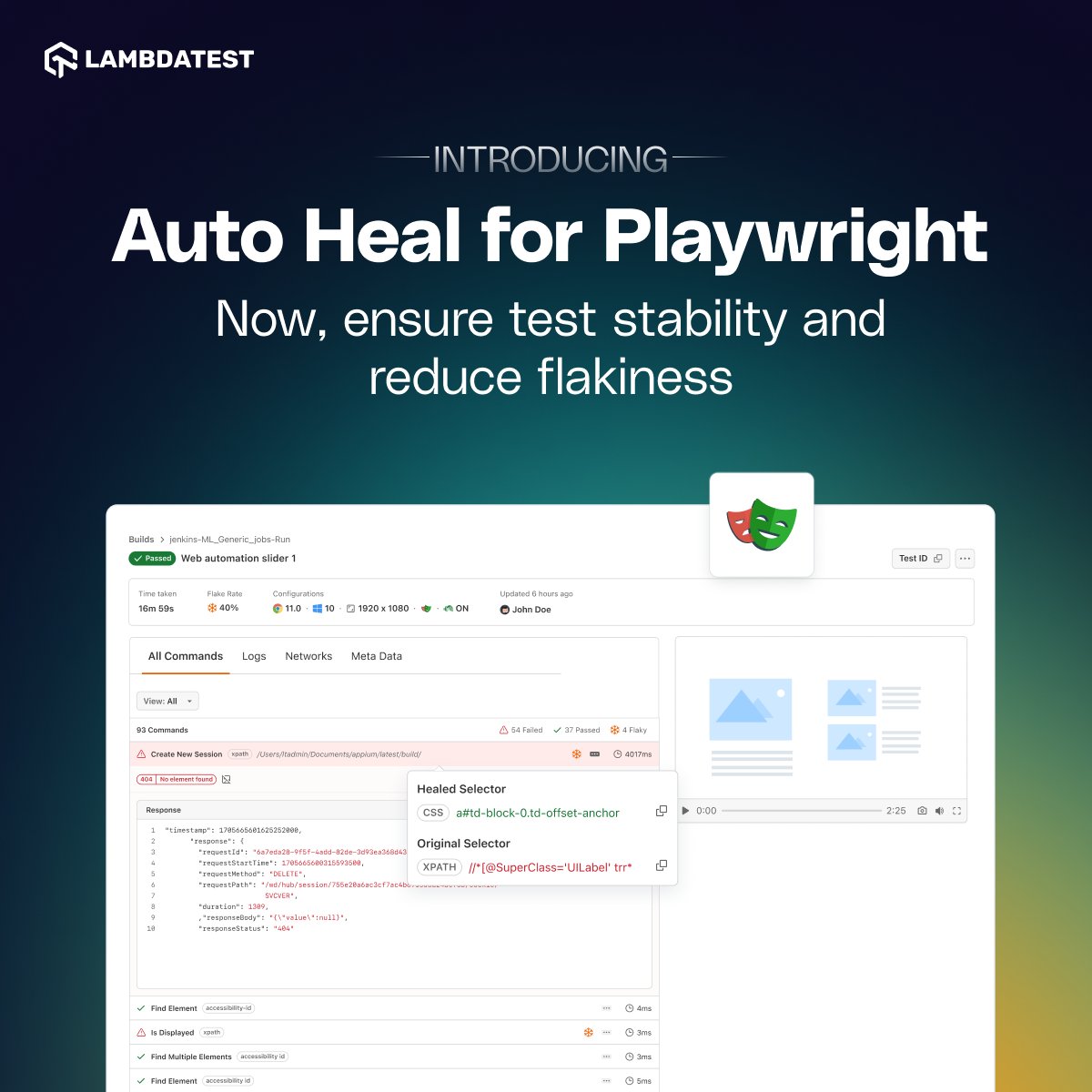 lambdatesting's tweet image. Introducing the industry’s first Auto-Heal for Playwright🔗bit.ly/45Ghwl5. Empowering teams to recover from failures automatically and keep #Playwright scripts reliable, while building test suites that scale with confidence.

Key Benefits:
➡️ Seamlessly adapts to…