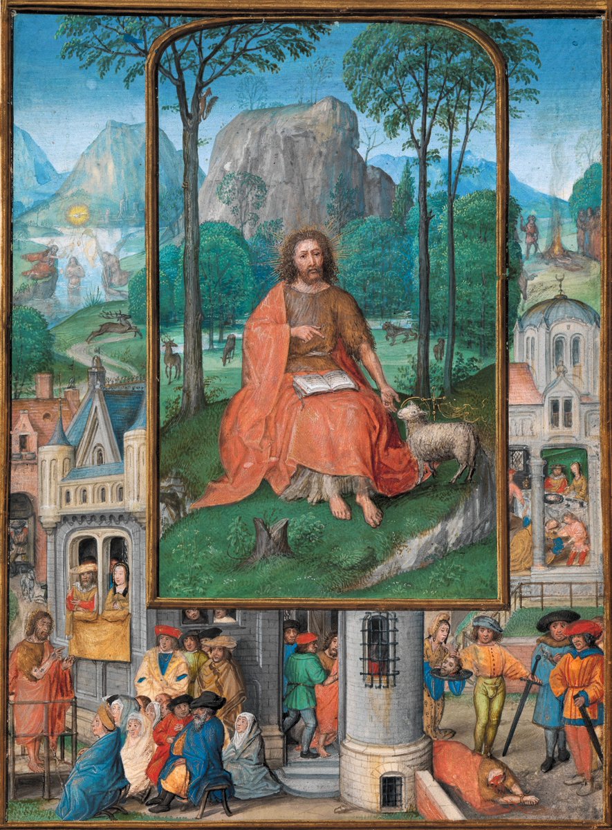 At the center of this miniature, John the Baptist sits in a green landscape with an open book, pointing to the Lamb of God.
Around him, the artist narrates key moments of his life in vivid detail:
- the Baptism of Christ
- his preaching to the crowds
- his imprisonment
- the