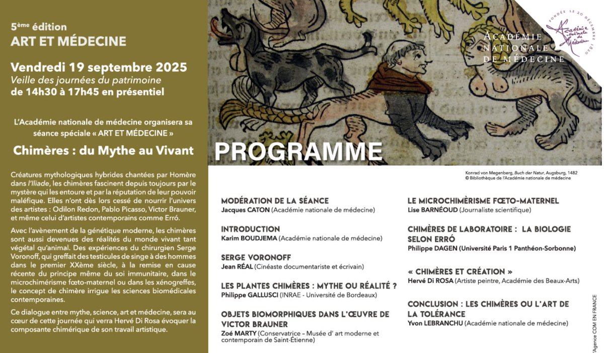 🧬✨ N'oubliez pas de vous inscrire à la prochaine édition ART &amp; MÉDECINE 
Au programme cette année : 
Chimères : entre mythe, art et science

📅 19 sept. | 14h30-17h45
📍 Académie – 16 rue Bonaparte, Paris

👉 Inscription gratuite obligatoire : docs.google.com/forms/d/e/1FAI…