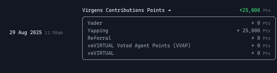 Just got 25k yapping points from <a href="/virtuals_io/">Virtuals Protocol</a> contribution program

around 1 month ago, I posted a Medium article about the ecosystem and I've just been rewarded

pretty sick, I may start to do it more often

I think it is a pretty useful strategy for smal profiles