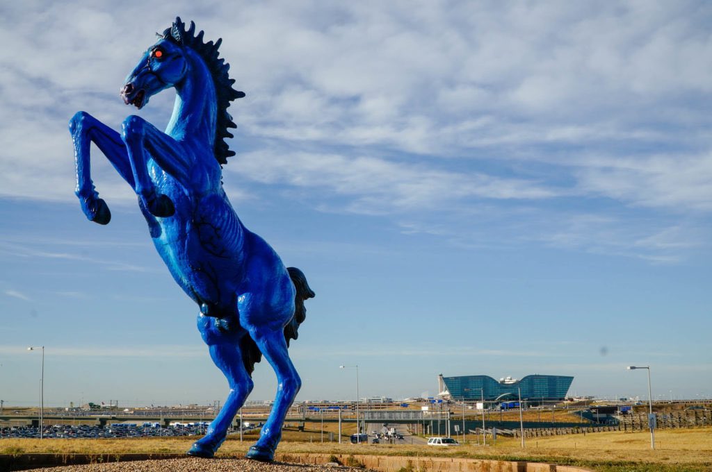 they call me Pencils (@cindysinor) on Twitter photo Blucifer is the nickname for
"Mustang" (also known as
"Mesteño"), a 32-foot-tall fiberglass sculpture of a rearing blue horse with glowing red eyes, created by artist Luis Jiménez and installed outside Denver International Airport in 2008.
Jiménez died on June 13, 2006, at the Blucifer is the nickname for
"Mustang" (also known as
"Mesteño"), a 32-foot-tall fiberglass sculpture of a rearing blue horse with glowing red eyes, created by artist Luis Jiménez and installed outside Denver International Airport in 2008.
Jiménez died on June 13, 2006, at the