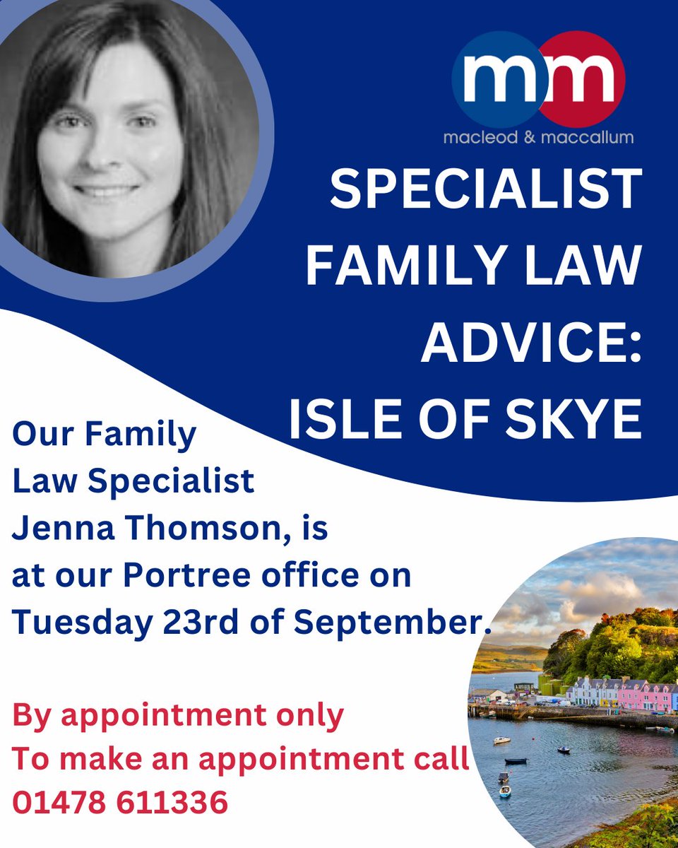 MacandMac28's tweet image. Family Lawyer appointments with Jenna Thomson available in Portree.