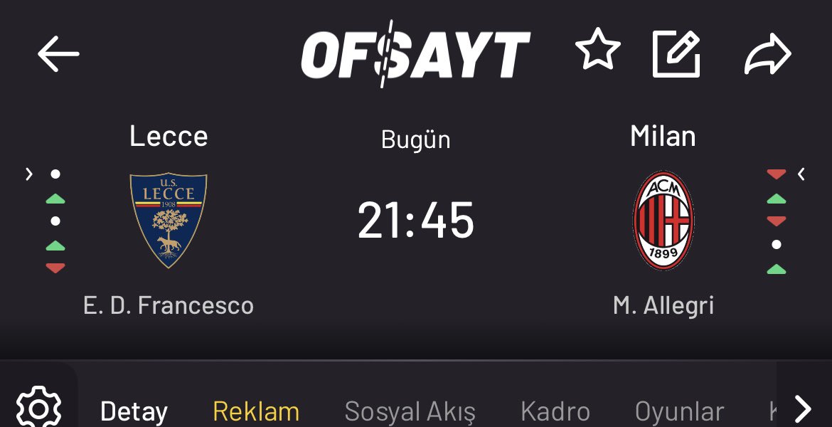 Günün ilk maçı; 

🏟️ Lecce – Milan
İY/MS 1/2 veya 2/1 

Bu gönderiye yeterli beğeni gelir gelmez diğer maç sizlerle olacak. 🙏
👉❤️ ( 500 kişi yeter )