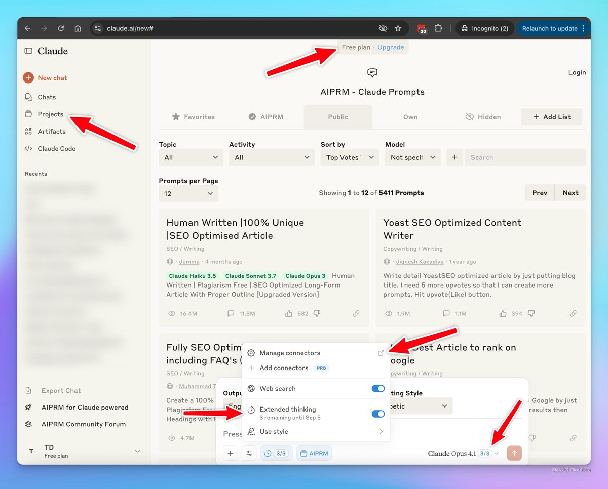 btibor91's tweet image. The "Trials Freemium" experiment in the Claude web app seems to be rolled out to some users now, giving them free access to extended thinking, Opus, integrations, and projects (however: "This is a temporary trial project that may be removed in the future")
h/t @nadzi_mouad