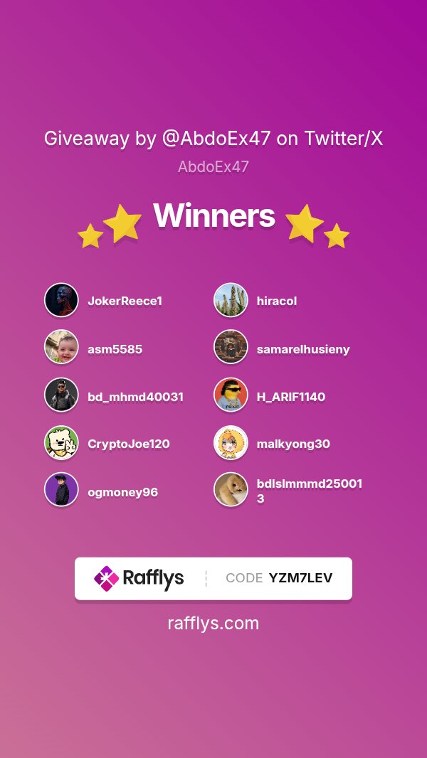 Abdo Ex ❤️ (@abdoex47) on Twitter photo — GIVEAWAY ENDED — The winners are:
1. <a href="/JokerReece1/">Joker Reece KGeN</a>
2. <a href="/hiracol/">The king</a>
3. <a href="/asm5585/">Asmaa</a>
4. <a href="/samarelhusieny/">samarelhussieny</a>
5. <a href="/bd_mhmd40031/">Abdo Eid</a>
6. <a href="/H_ARIF1140/">h_arff</a>
7. <a href="/CryptoJoe120/">Crypto Joe</a>
8. <a href="/malkyong30/">malkyong30</a>
9. <a href="/ogmoney96/">ogmoney.btc</a>
10. <a href="/bdlslmmmd250013/">Queen Gaza NFT</a>
Certified by <a href="/app_sorteos_ok/">AppSorteos</a> (Code YZM7LEV) — GIVEAWAY ENDED — The winners are:
1. <a href="/JokerReece1/">Joker Reece KGeN</a>
2. <a href="/hiracol/">The king</a>
3. <a href="/asm5585/">Asmaa</a>
4. <a href="/samarelhusieny/">samarelhussieny</a>
5. <a href="/bd_mhmd40031/">Abdo Eid</a>
6. <a href="/H_ARIF1140/">h_arff</a>
7. <a href="/CryptoJoe120/">Crypto Joe</a>
8. <a href="/malkyong30/">malkyong30</a>
9. <a href="/ogmoney96/">ogmoney.btc</a>
10. <a href="/bdlslmmmd250013/">Queen Gaza NFT</a>
Certified by <a href="/app_sorteos_ok/">AppSorteos</a> (Code YZM7LEV)