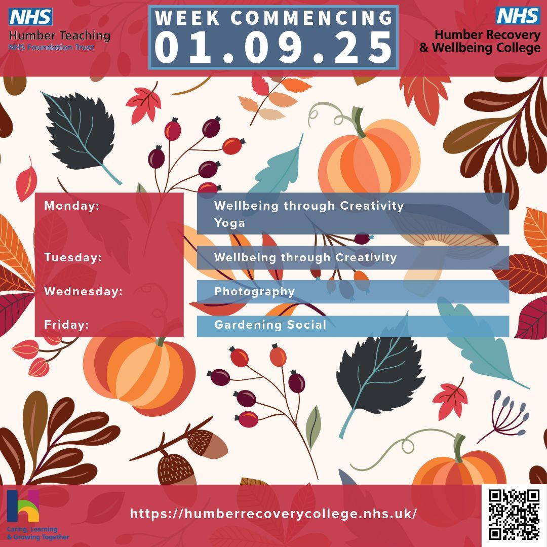 HftRecoveryCol's tweet image. We are back!

Here is the timetable for next weeks sessions.

Please ensure you book your place via our website: humberrecoverycollege.nhs.uk 

#RecoveryCollege #RecoveryAndWellbeingCollege #Wellbeing #MentalHealth #MentalHealthRecovery #Recovery