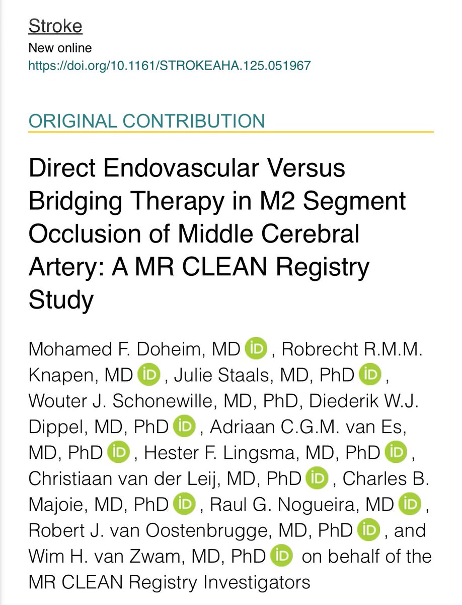 Mohamed F Doheim, MD (@fahmy_doheim) on Twitter photo đź§  Proud to share our new study in <a href="/StrokeAHA_ASA/">Stroke AHA/ASA</a>: In patients with M2 MCA occlusions, bridging therapy (IVT+EVT) was associated with better 90-day functional outcomes compared to EVT alone, with no major safety concerns.
📖 Read here: ahajournals.org/doi/10.1161/ST…
<a href="/PittStroke/">UPittStroke</a> đź§  Proud to share our new study in <a href="/StrokeAHA_ASA/">Stroke AHA/ASA</a>: In patients with M2 MCA occlusions, bridging therapy (IVT+EVT) was associated with better 90-day functional outcomes compared to EVT alone, with no major safety concerns.
📖 Read here: ahajournals.org/doi/10.1161/ST…
<a href="/PittStroke/">UPittStroke</a>