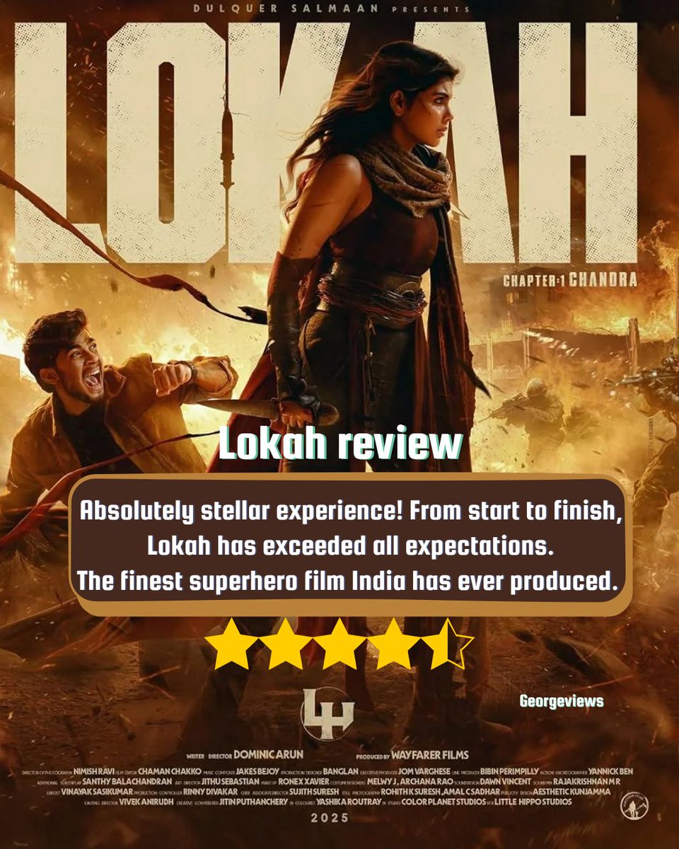 #Lokah ⭐⭐⭐⭐½/5

Every once in a while, there comes a movie that completely changes the game. Lokah: Chapter 1 - Chandra is that movie. 🔥🔥 It is easily the finest superhero film India has ever produced. Absolutely mind-blowing from start to finish! 

Director #DominicArun