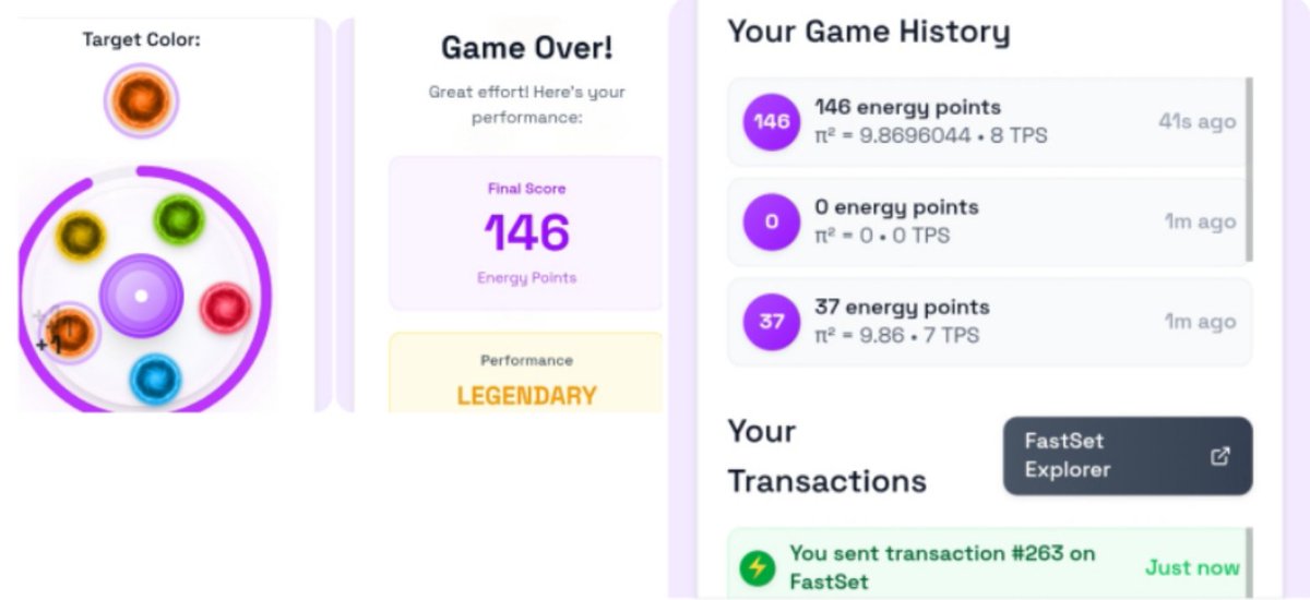 The Pi² Reactor Game is now live ⚡️

🖱️ Every click = a transaction sent, finalized &amp; settled in real time
⌛ Every session = a stress test of FastSet’s speed

Play to uncover π² decimals: 9.8696xxxx.
Play to earn points. Play to have fun.
More details ↓
 t.me/weiGaozhan123/…