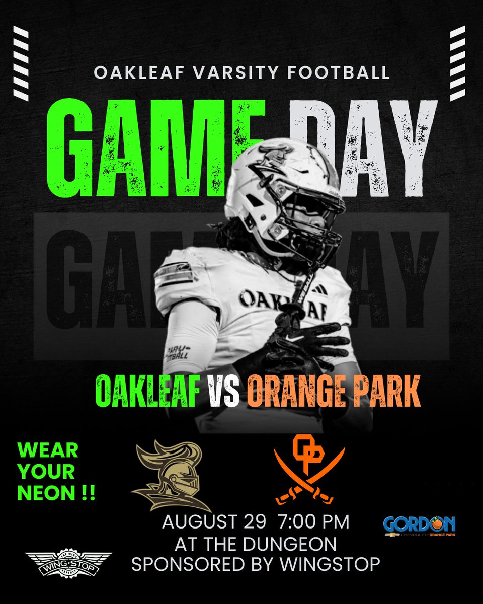 Oakleaf HS Athletics #KnightNation (@oakleaf_ath) on Twitter photo The Clay County Game of The Week!!! Wear Neon and Light up The Dungeon!!
#excellenceReigns
<a href="/oneclaysports/">Clay County Athletics</a>
<a href="/wingstop/">Wingstop</a>
<a href="/gordonchevyfl/">Gordon Chevy</a> The Clay County Game of The Week!!! Wear Neon and Light up The Dungeon!!
#excellenceReigns
<a href="/oneclaysports/">Clay County Athletics</a>
<a href="/wingstop/">Wingstop</a>
<a href="/gordonchevyfl/">Gordon Chevy</a>