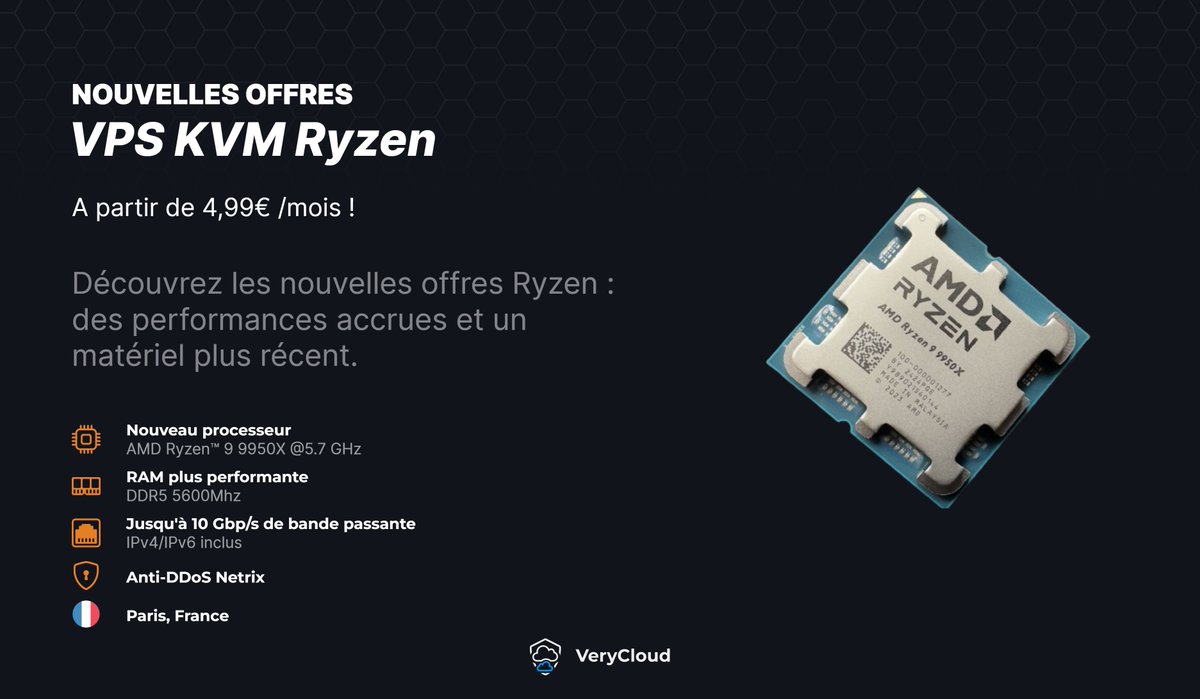 Nos offres VPS KVM Ryzen évoluent 🚀
🚀AMD Ryzen 9 9950X 
       • Stockage NVMe 
       • Connexion jusqu’à 10 Gb/s
 Datacenter Paris TH3
⚡ Livraison instantanée dès 4,99 € !
verycloud.fr/vps/ryzen
#Cloud #vps #ryzen #datacenteur
