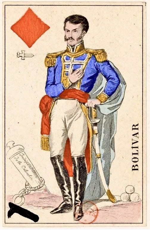 Bolívar en las "Cartas Republicanas", 1848. 

(Baraja con figuras representativas del "espíritu republicano". Edición francesa)