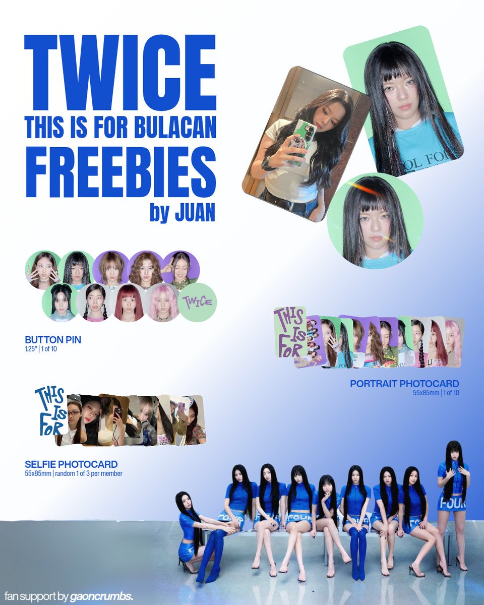 twice 'this is for' in bulacan freebies
— fan support by <a href="/gaoncrumbs/">juan</a> ✷

> mbf, like, rt (show proof on dday)
> open for trades, pls dm
> limited qty— 1:1 ratio only
> time and loc TBA

see you all! ♡

#TWICE #THISISFOR
#THISISFORINBULACAN
#TWICE_THISISFOR_WORLD_TOUR