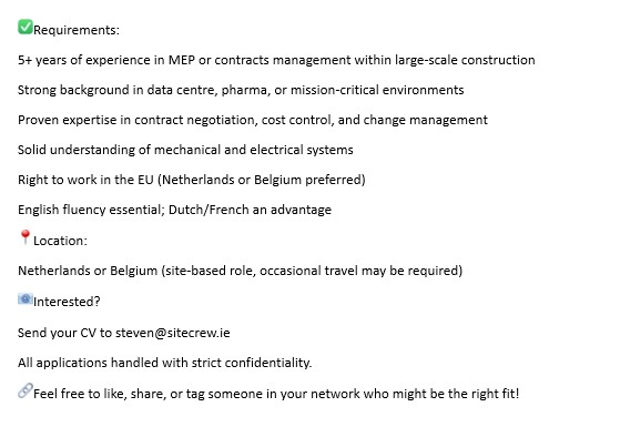 SiteCrewLimited's tweet image. #MEPJobs #ContractsManager #DataCentre #ConstructionJobs
#NetherlandsJobs #BelgiumJobs #Sitecrew #HiringNow #MEP
#ProjectManagement #ConstructionCareers0