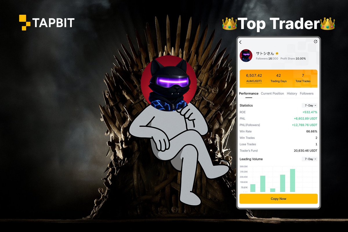 Tapbitglobal's tweet image. 👑 Top Trader takes the throne! 👑

🦾Why watch when you can copy the king? 
Sit back, let pros do the work — and ride their moves. 

🚀Copy trading now on #Tapbit
👉tapbit.com/auth/PBMLTTK

 #CopyTrading #TopTrader