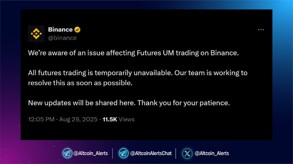 🔔 JUST IN: @Binance Temporarily Halts Futures UM Trading !

#Binance has paused all Futures UM trading due to a technical issue, with services currently unavailable. The exchange confirmed its team is working on a fix and will provide updates as the situation develops.

▶️ Check