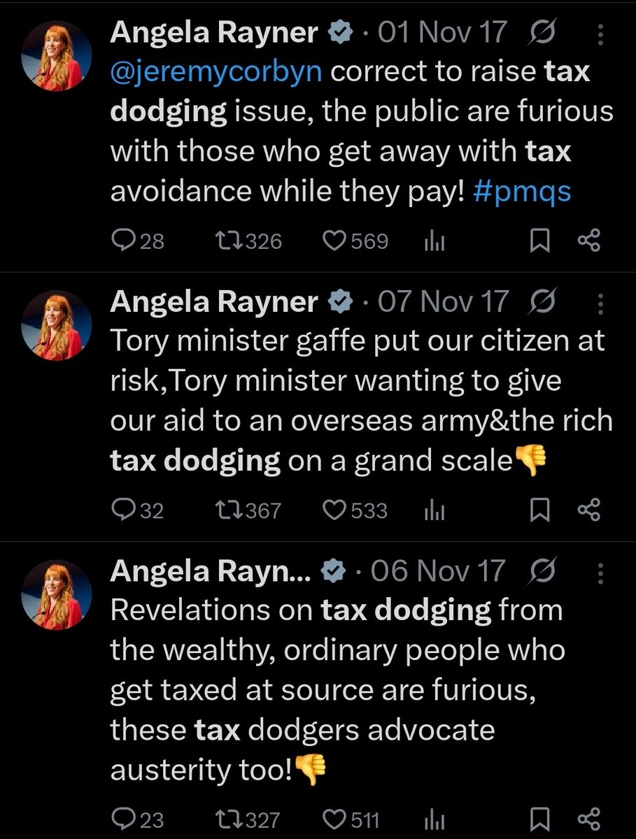 Id love to see how any Labour supporters can justify this absolute hypocrisy.

Here are just a few posts from Angela Rayner calling out tax avoidance..

The same Angela Rayner that just avoided £40,000 in stamp duty by deciding that the new £800k flat is actually her main home