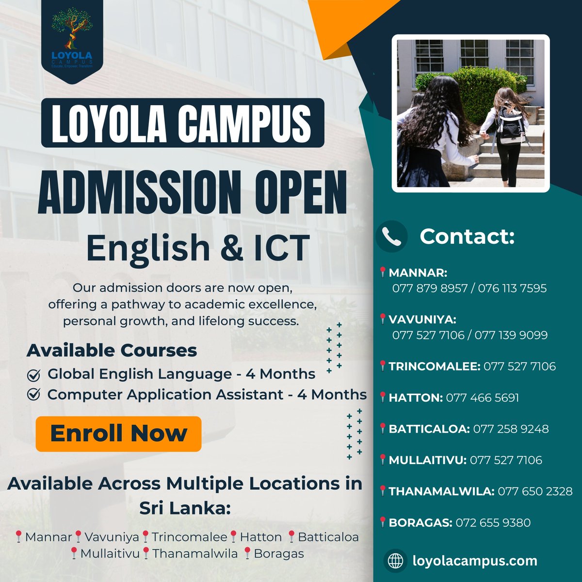Loyola_CampusSL's tweet image. Unlock Your Future with Loyola Campus!
Global English Language & Computer Application Assistant
Register today!
#loyolacampus #globalenglish #computerapplication #educationforall #mannar #vavuniya #trincomalee #hatton #batticaloa #mullaitivu #thanamalwila #boragas