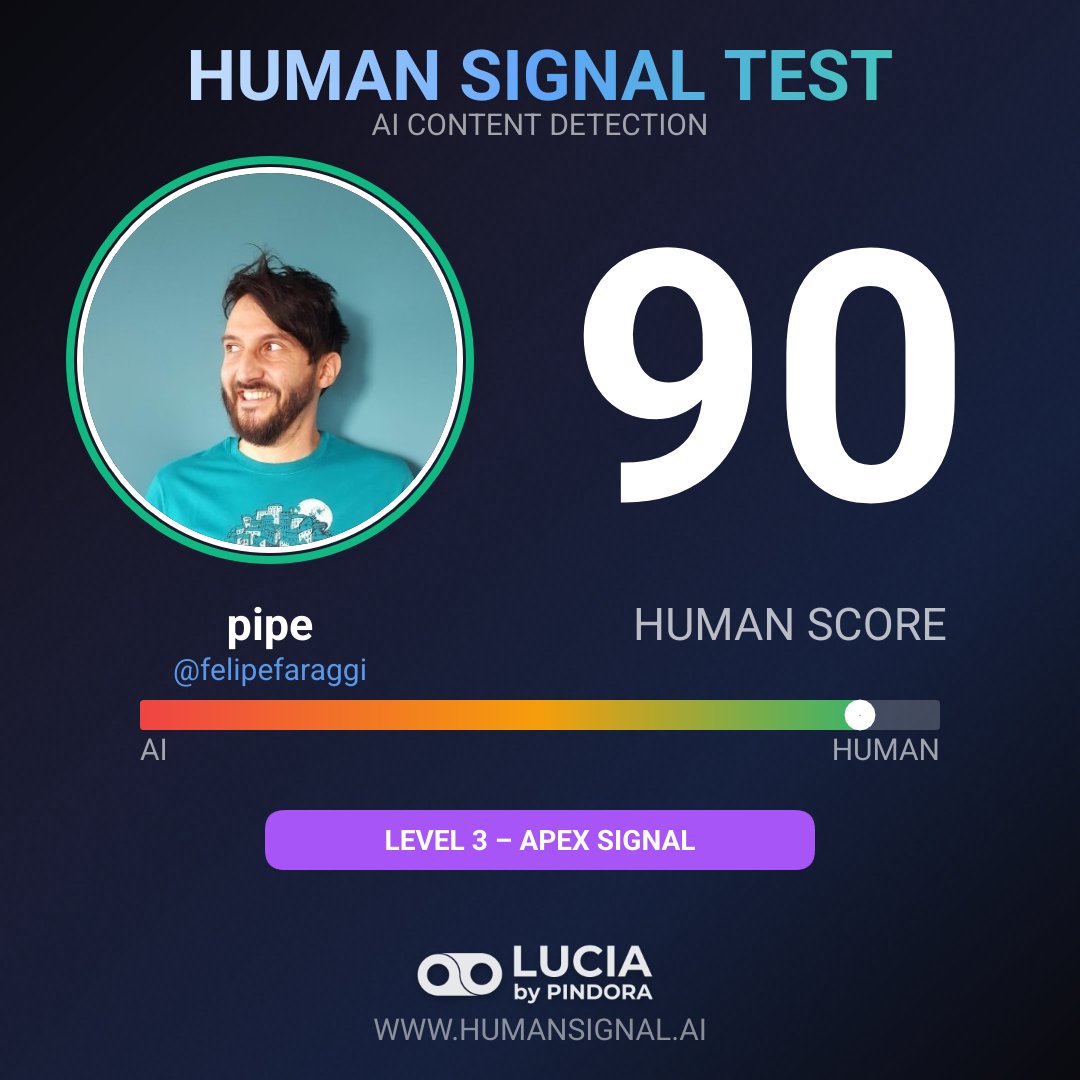 I took the Human Signal Test.

Score: 90/100 - 👑 Level 3 – Apex Signal!
Verification Code: 670676606175

#HumanSignal <a href="/Pindora_HQ/">LUCIA AI Foundation</a>