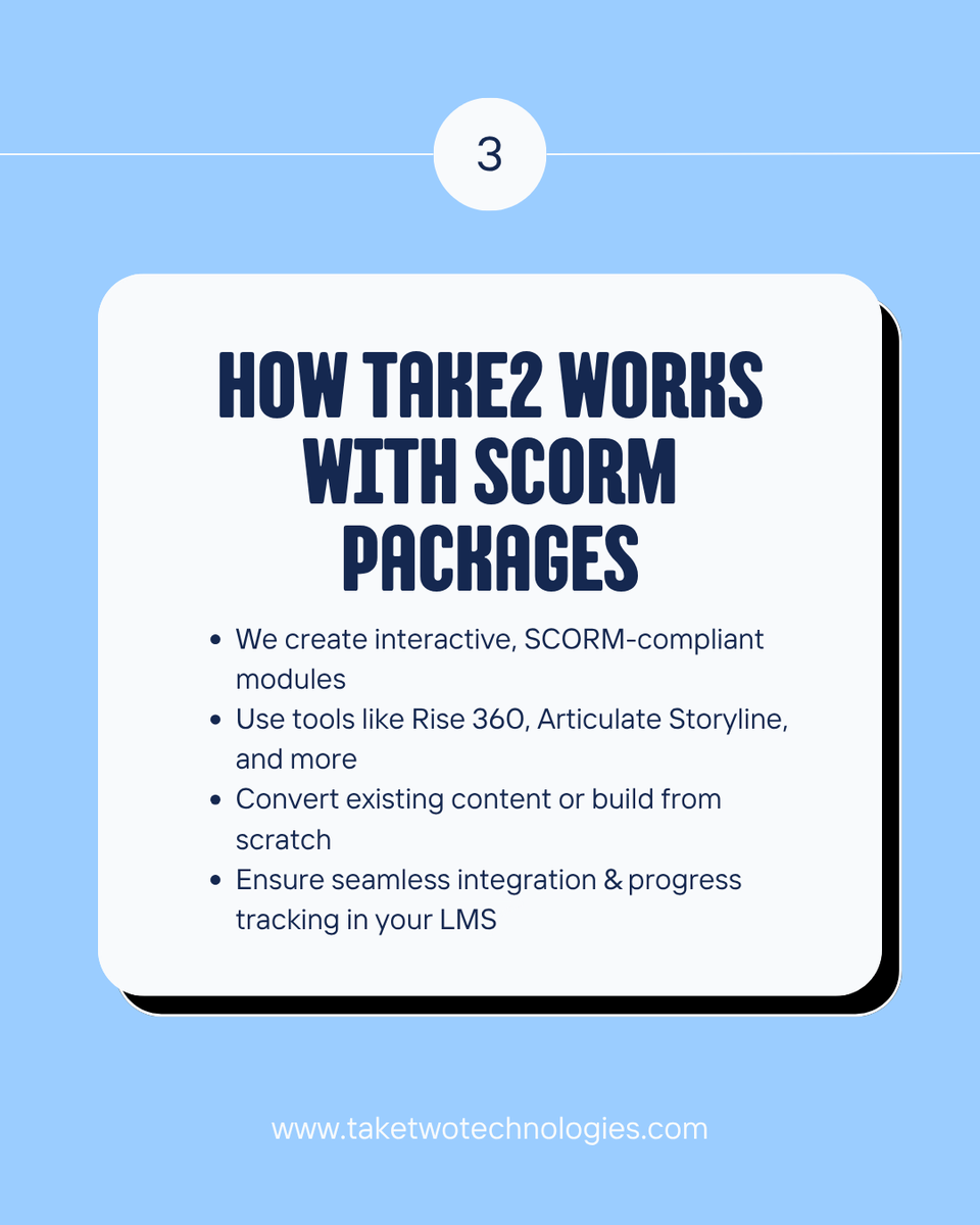 taketwotech's tweet image. What’s a #SCORM package and why does your #LMS need it?

📦 Interactive. Trackable. LMS-friendly.

At @Take2Tech, we build SCORM-compliant courses with tools like Rise 360, Articulate, and more—seamless content that speaks your LMS&apos;s language.