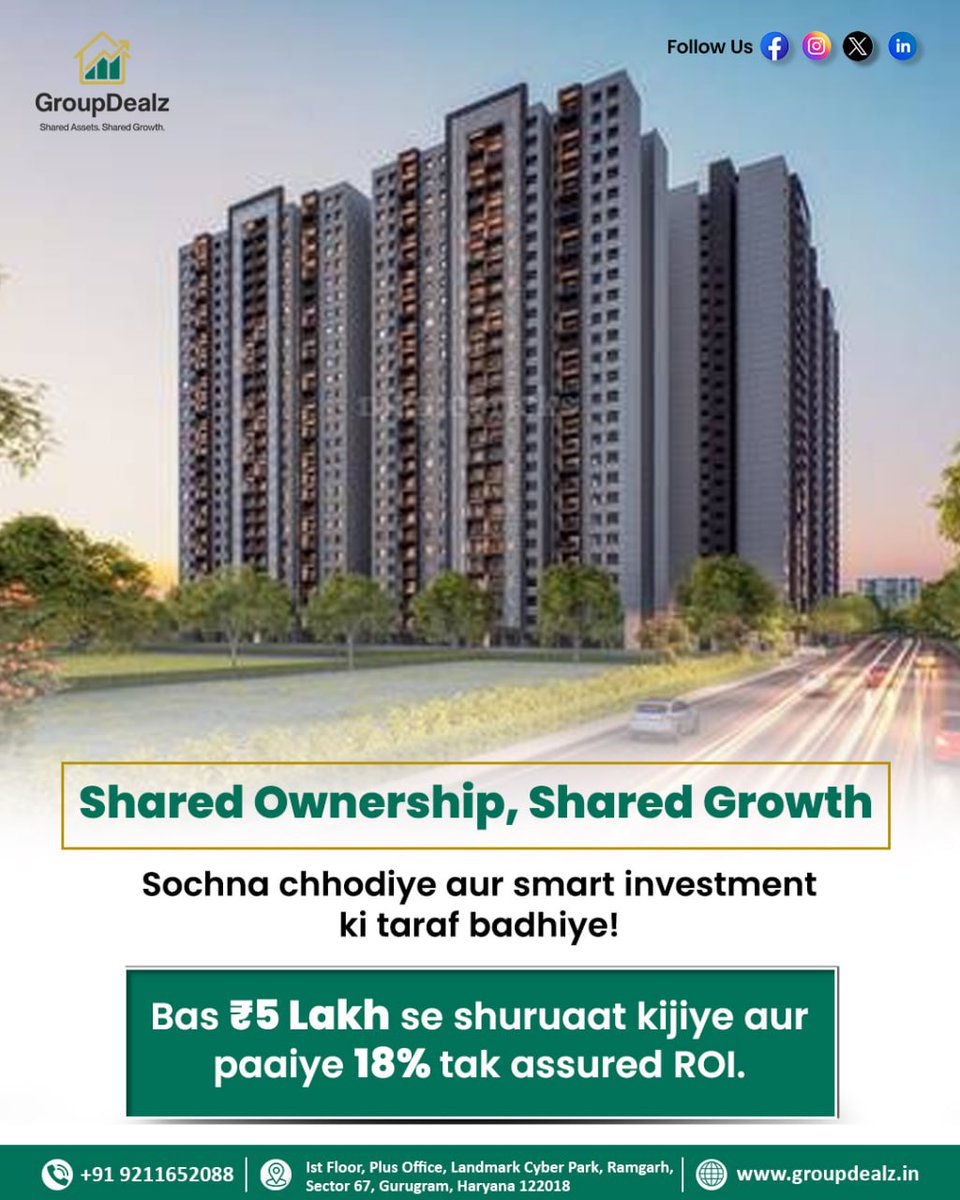 thegroupdealz's tweet image. Smart Investment = Smart Future
₹5 लाख से शुरुआत और 18% तक assured ROI
Secure tomorrow by investing today.

Call us: 9211652088
Visit us: groupdealz.in

#SmartInvestment #SmartFuture #InvestInGurgaon #GurgaonInvestment #PropertyInGurgaon #RealEstateGurgaon