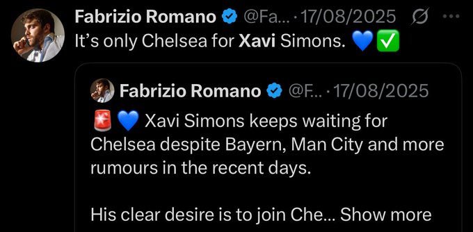 People fail to understand that Xavi simons wanted Chelsea but does Chelsea want him??

We fans want him but these club don’t want even to fight imagine being hijacked by Tot it’s very painful.

These owners priortizing Garnacho over Xavi simons is very insane, Another L taken