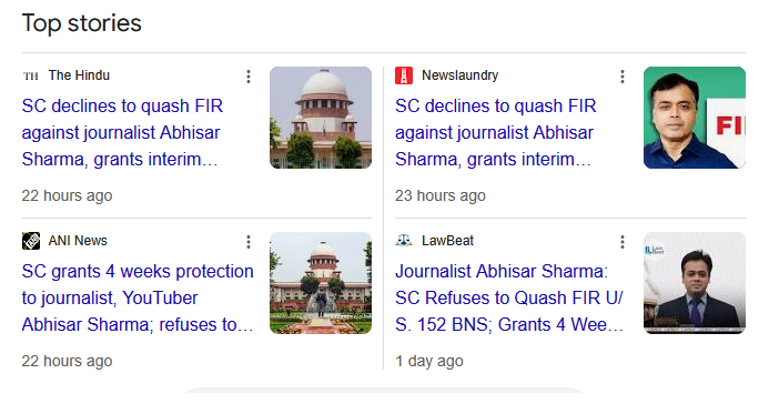 Supreme Court declines to quash  FIR against journalist  Abhisar Sharma.

Police had invoked  Section 152 of the Bharatiya  Nyaya Sanhita (BNS),  which criminalises “acts  endangering the sovereignty, unity and integrity of  India”.

But Supreme Court granted a four week interim